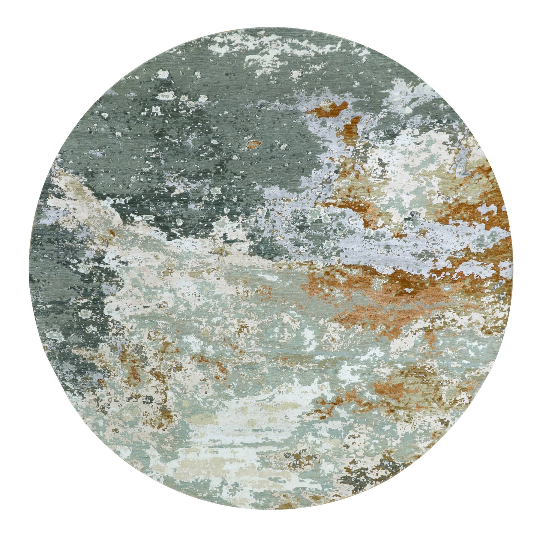 Shades of Gray, Persian Knot, Abstract with Galaxy Design, Pure Wool, Hand Knotted, Densely Woven, Round, Oriental Rug